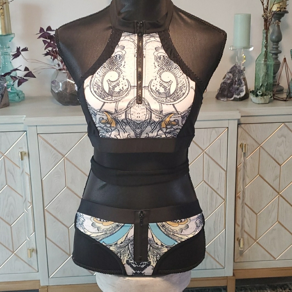 Sporty Zip Halter Bikini with Mesh Insert